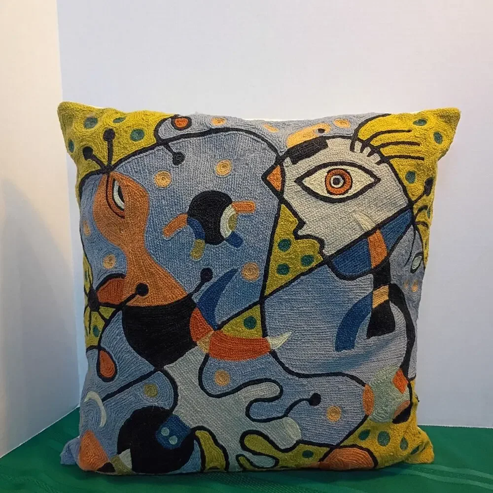 Miro Style Crewel Embroidery Cushion Cover Abstract Mid Century Modern Accent